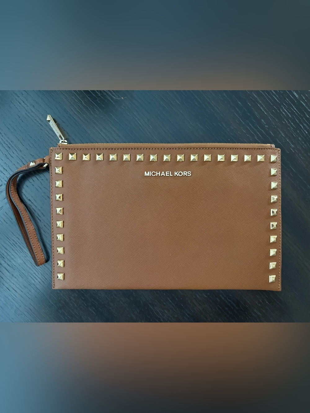 MICHAEL KORS Brown Leather Stud-Trim Zip Wristlet with Gold Hardware